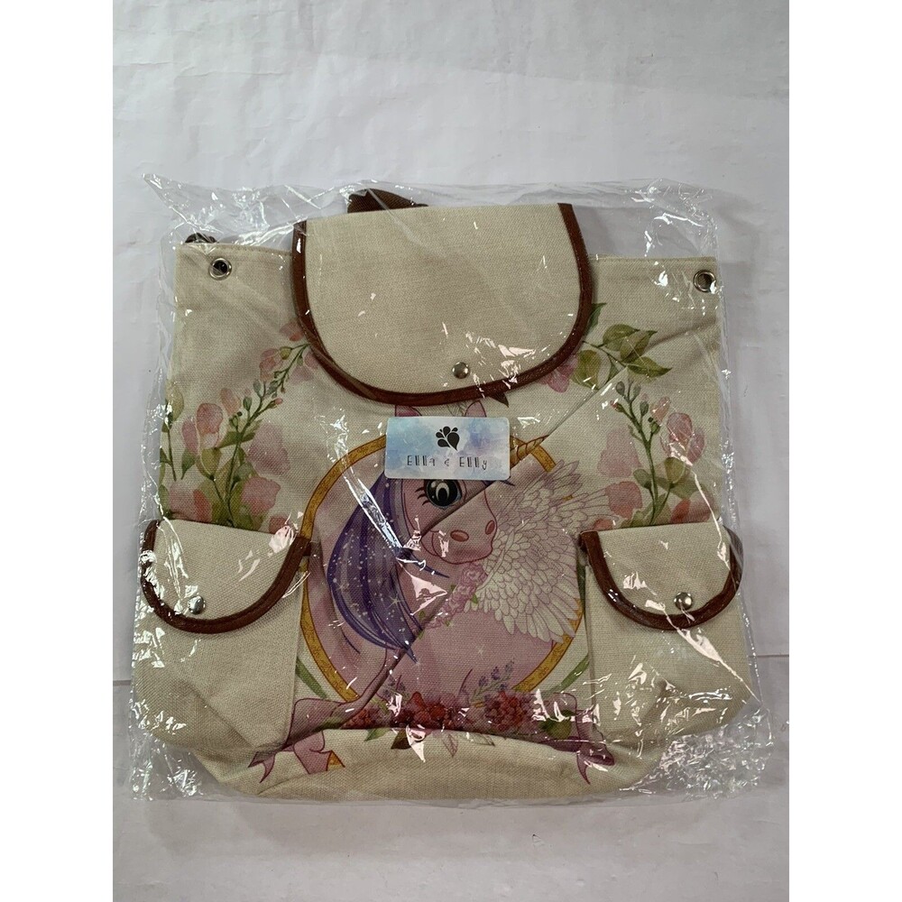 Ella & Elly Kitty Pinky Unicorn Canvas Backpack w/Pockets Beige Unopened